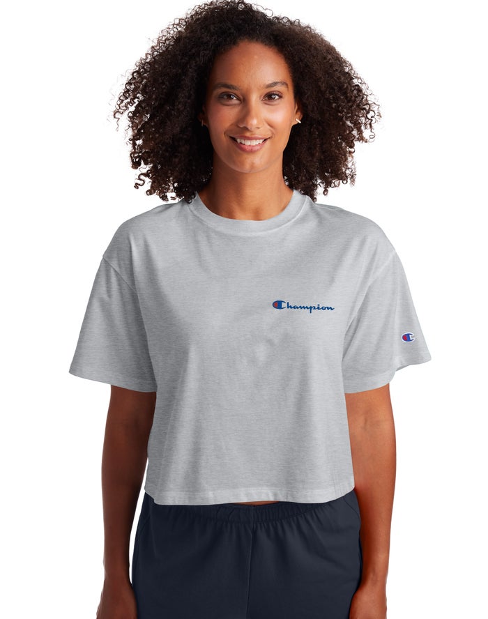 Champion Womens T-Shirt NZ - Cropped Script Logo Grey ( 6954-WCDAU )